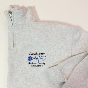EMT EMS Custom Quarter Zip Collar Sweatshirt, Rescue, Fire, Shirt 1/4 Zip Sweatshirt, Work Shirt, Emergency Response, Star Of Life