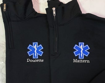 EMT EMS Custom Quarter Zip Collar Sweatshirt, Rescue, Fire, Shirt 1/4 Zip Sweatshirt, Work Shirt, Emergency Response, Star Of Life