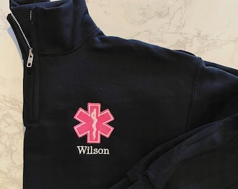 EMT EMS Custom Quarter Zip Collar Sweatshirt, Rescue, Fire, Shirt 1/4 Zip Sweatshirt, Work Shirt, Emergency Response, Star Of Life