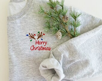 Christmas Sweatshirt For Women | Reindeer Merry Christmas Pullover Fleece Crewneck | Gift For Her | Holiday Loungewear