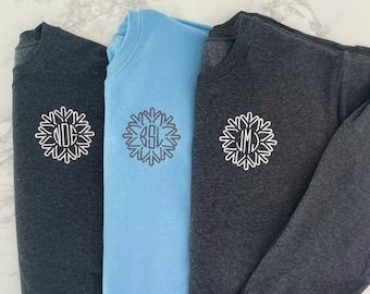 Christmas Sweatshirt For Women | Monogrammed Snowflake Holiday Pullover Fleece Crewneck | Christmas Pajama Top