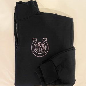 Horseshoe Monogram Quarter Zip Sweatshirt For Women, Horseback Riding Gift Idea, Horse Lover, Equestrian Sweatshirt, Fleece Pullover Initial