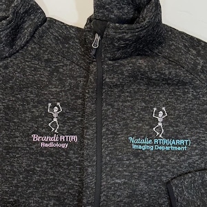 Personalized X-Ray Sweatshirt, Gift for Radiographer, Radiology Grad Gift RT, X-ray Tech Full Zip With Pockets Rad Tech Skeleton Embroidered