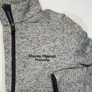 Personalized sweatshirt for men and women. Great gift idea for pharmacy technicians and pharmacists. Add your name, credentials, title, or department to be embroidered on this jacket.