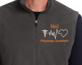 Custom Fleece Vest For Men & Women – Embroidered Name, Caduceus EKG Heart, Unisex XS-4XL, Emergency Department, Grad Gift, Pa, Pa-c, Rn, Md