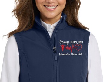 Custom Nurse Soft Shell Vest – Embroidered Name & Caduceus EKG Heart (XS-4XL, Womens Rn Lpn Vest Gift) Emergency Department ICU Sticu Ed Er