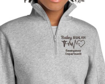 Custom Medical Quarter Zip Sweatshirt – Embroidered Name & Caduceus EKG Heart (XS-4XL, Womens Healthcare) Emergency Department, Nurse Grad