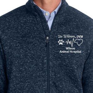 Custom Veterinary Fleece Full Zip Jacket– Embroidered Name & Paw EKG Heart Design w/ Pockets (XS-4XL, Unisex Vet Apparel) Veterinarian DVM