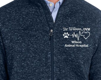 Custom Veterinary Fleece Full Zip Jacket– Embroidered Name & Paw EKG Heart Design w/ Pockets (XS-4XL, Unisex Vet Apparel) Veterinarian DVM
