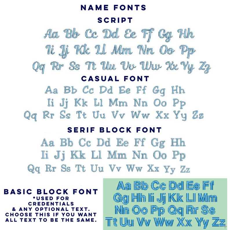 Peut inclure: Image pr&eacute;sentant diff&eacute;rents styles de polices pour les noms et le texte. Comprend les polices Script, Casual, Serif Block et Basic Block, chacune affichant l'alphabet en bleu clair. La police Basic Block est dans un encadr&eacute; vert.