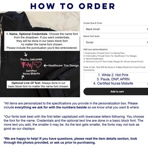 Peut inclure: Un sweat &agrave; capuche noir avec fermeture &eacute;clair, pr&eacute;sentant des instructions pour commander un article personnalis&eacute;. L'image comprend des options de taille, de couleur et de style de police. Elle montre &eacute;galement des exemples de texte personnalis&eacute;, avec un design sur le th&egrave;me de la sant&eacute;.