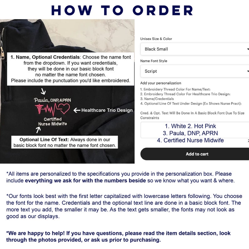 Peut inclure: Un sweat &agrave; capuche noir avec fermeture &eacute;clair, pr&eacute;sentant des instructions pour commander un article personnalis&eacute;. L'image comprend des options de taille, de couleur et de style de police. Elle montre &eacute;galement des exemples de texte personnalis&eacute;, avec un design sur le th&egrave;me de la sant&eacute;.