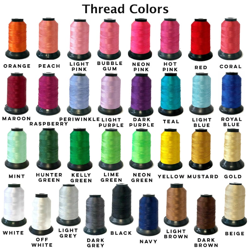 Pode incluir: Um gr&aacute;fico de cores de carret&eacute;is de linha de bordar, cada um rotulado com um nome de cor. Os carret&eacute;is s&atilde;o dispostos em fileiras, mostrando uma ampla gama de tons, incluindo laranja, rosa, vermelho, verde, azul, amarelo e tons neutros. O texto "Thread Colors" est&aacute; no topo.