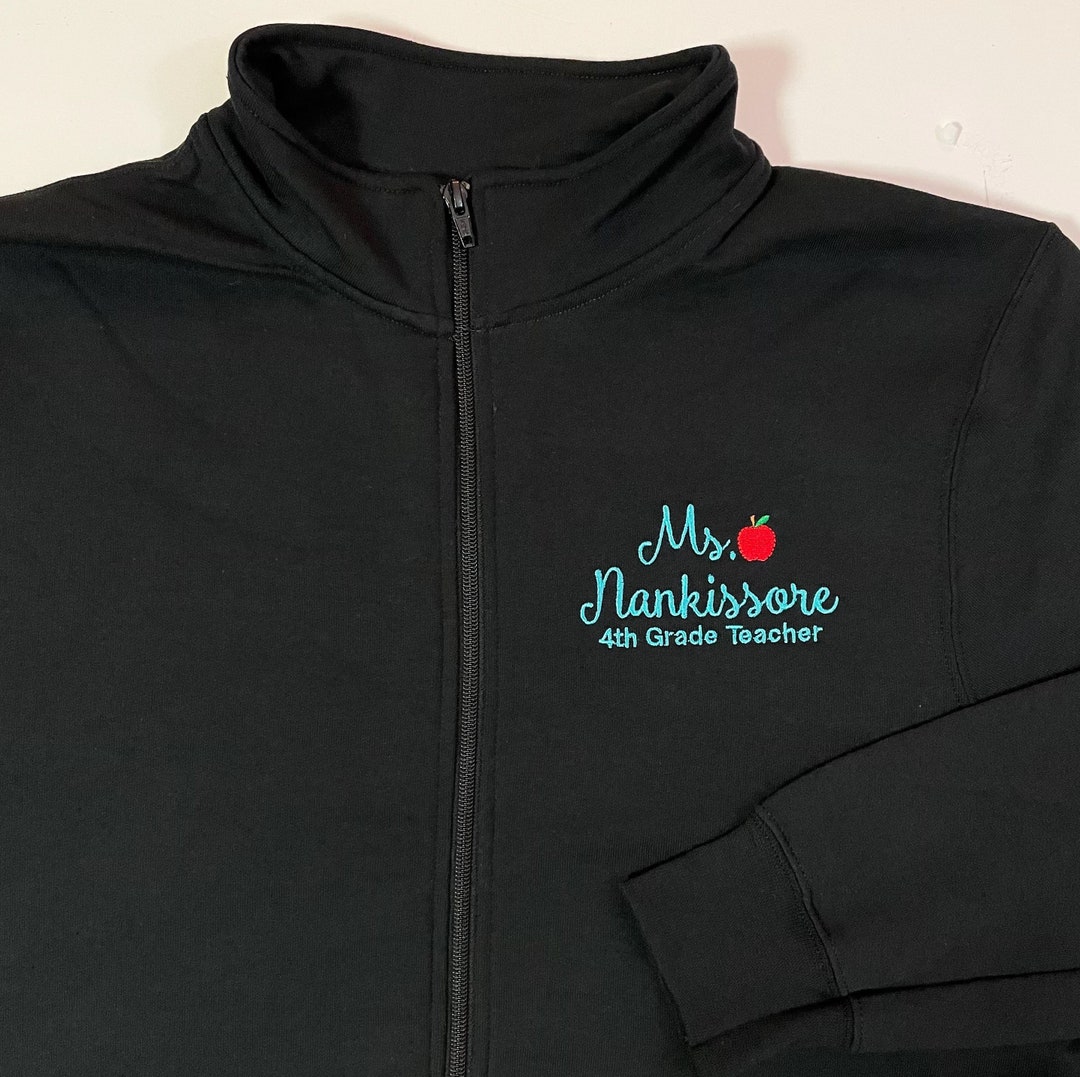Teacher Full Zip Sweatshirt Jacket, Apple With Teacher and School Name ...