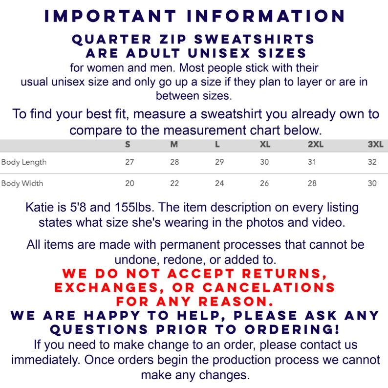 Pode incluir: Imagem com texto fornecendo informa&ccedil;&otilde;es de tamanho para moletons com z&iacute;per de um quarto. Inclui uma tabela de medidas com comprimento e largura do corpo em cm para os tamanhos S a 3XL. Tamb&eacute;m afirma que a loja n&atilde;o aceita devolu&ccedil;&otilde;es, trocas ou cancelamentos.