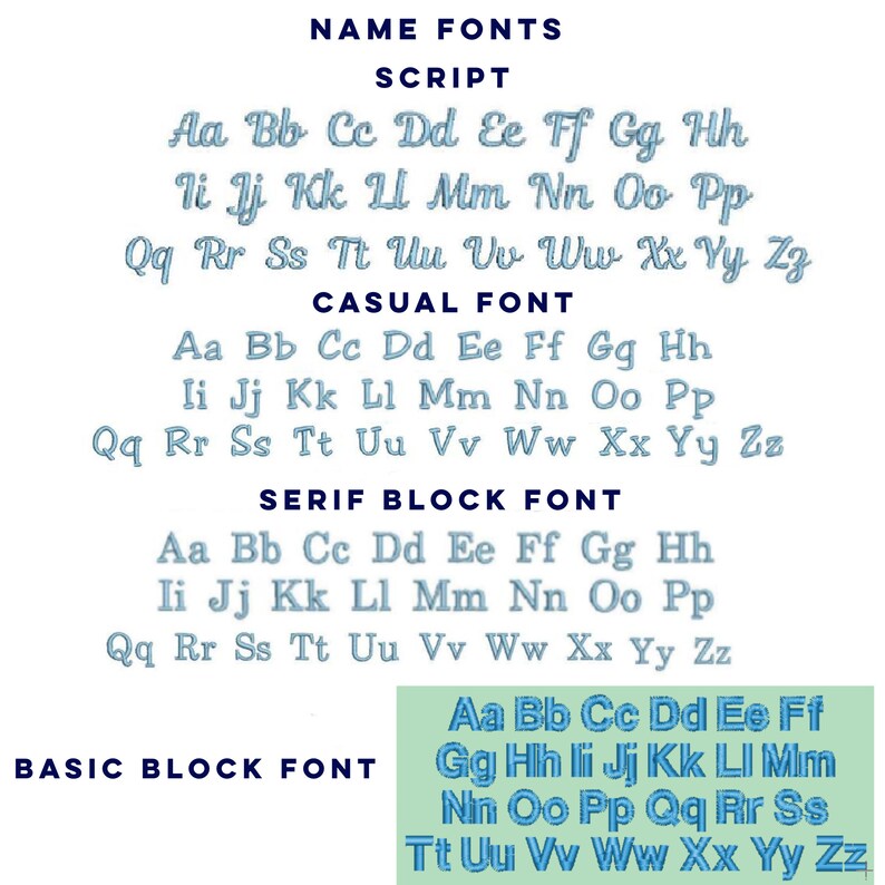 Puede incluir: Un fondo blanco muestra cuatro estilos de fuente diferentes: Script, Casual, Serif Block y Basic Block. Cada fuente muestra el alfabeto en color azul claro. El texto "Name Fonts" est&aacute; en la parte superior y "Basic Block Font" en la parte inferior.