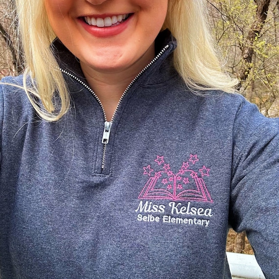 Teacher pullover sweatshirt jacket, book with teacher and school name, personalized teacher gift, quarter zip, embroidered, customized