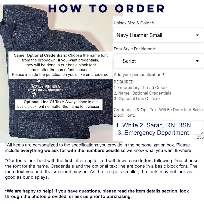 K&ouml;nnte beinhalten: Marinefarbene Unisex-Jacke in der Gr&ouml;&szlig;e Small mit einer Schriftart-Option f&uuml;r den Namen. Das Bild zeigt die Personalisierungsoptionen, einschlie&szlig;lich Stickgarnfarbe, Name, Anmeldeinformationen und optionalem Text. Der Text auf der Jacke lautet "Sarah, RN, BSN, Emergency Department."