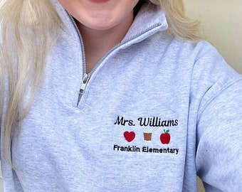 Teacher pullover sweatshirt jacket, apple with teacher and school name, personalized teacher gift, quarter zip, embroidered, customized