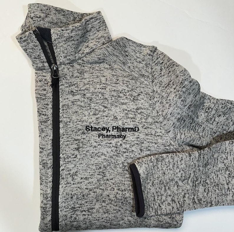 Personalized sweatshirt for men and women. Great gift idea for pharmacy technicians and pharmacists. Add your name, credentials, title, or department to be embroidered on this jacket.
