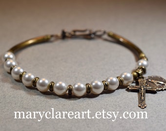 Full Of Grace Rosary Bracelet, White Pearl Rosary Bracelet, Women&#39;s Rosary Bracelet, Catholic Rosary