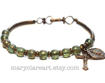 Full Of Grace Rosary Bracelet, Blue Green Picasso Finish Beaded Rosary Bracelet, Women's Rosary, Catholic Rosary, One Decade Rosary