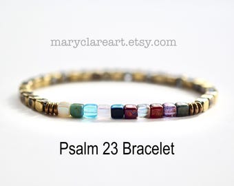 Pulsera del Salmo 23, cuentas cúbicas de 4 mm, banda de oro transparente, pulsera del Salmo 23 que camina por el valle, pulsera cristiana, joyería inspirada en la fe