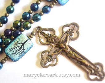 Tree Of Life Blue Handcrafted Rosary, Catholic Rosary, Hand Strung Rosary, Five Decade Rosary, Hand Crafted Rosary, Vintage Style Rosary