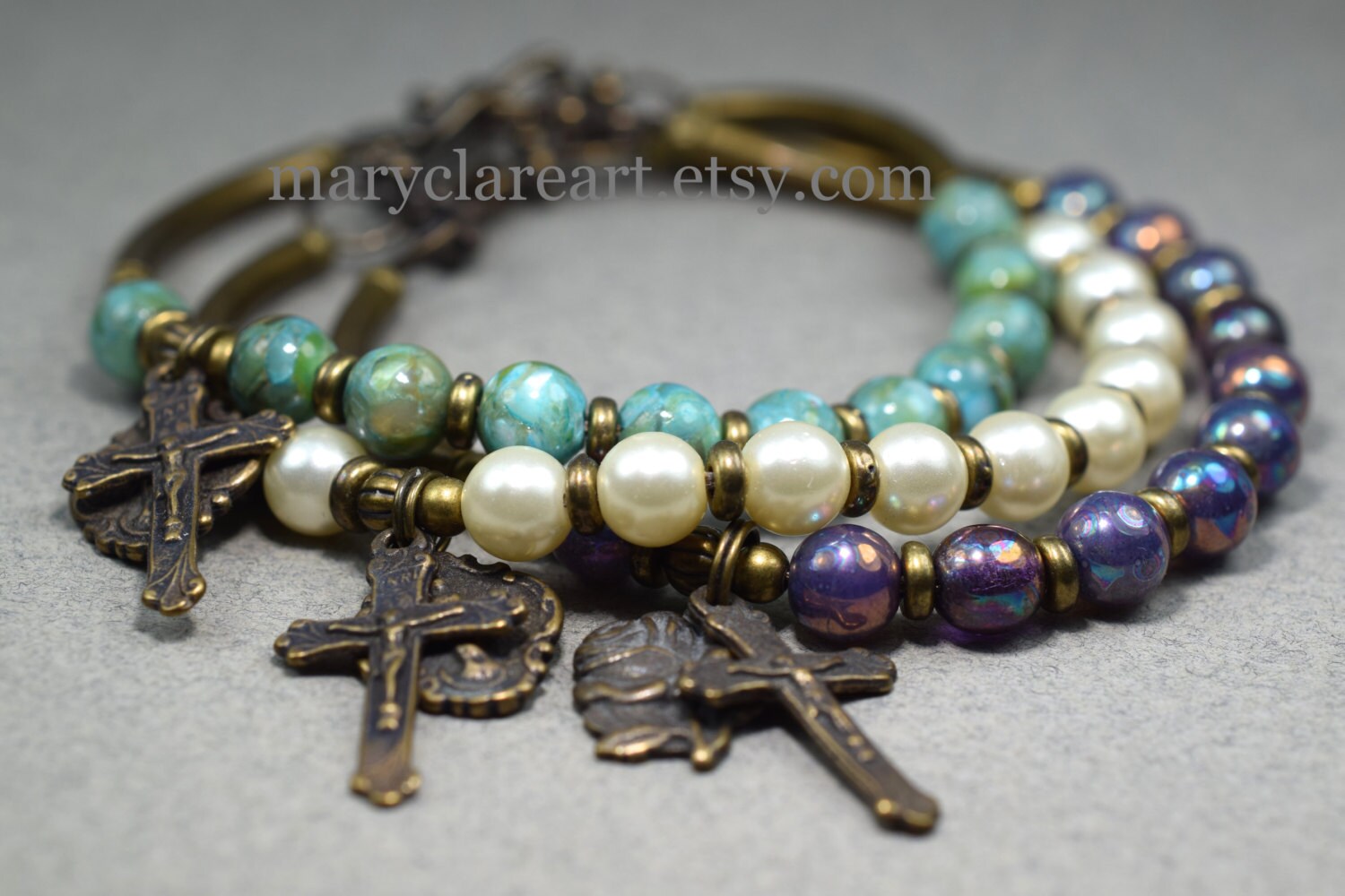 Full Of Grace Rosary Bracelet, Etched Denim Blue Rosary Bracelet, Women
