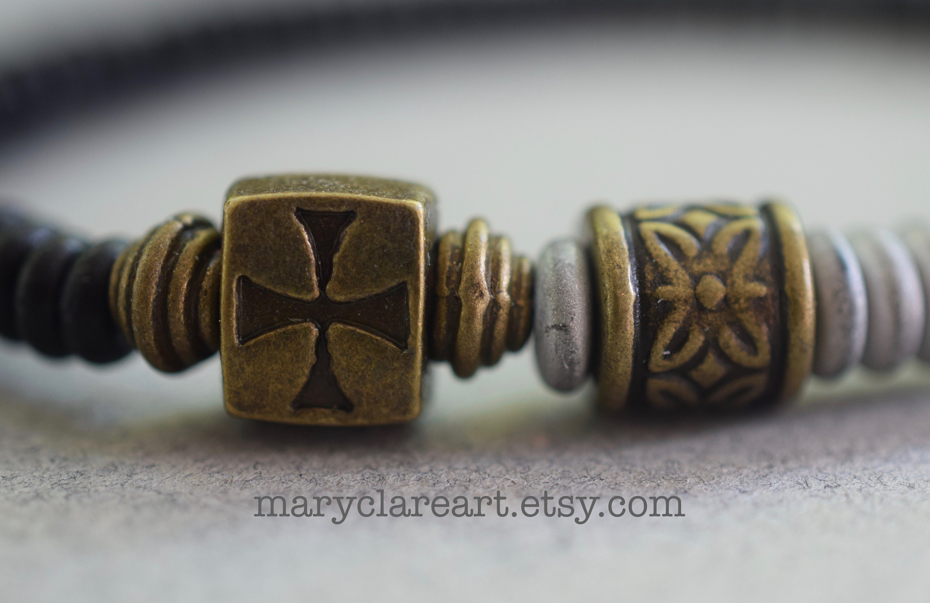 Mens Rosary Bracelet, Matte Gray Beads, Be Strong In The Lord Rosary