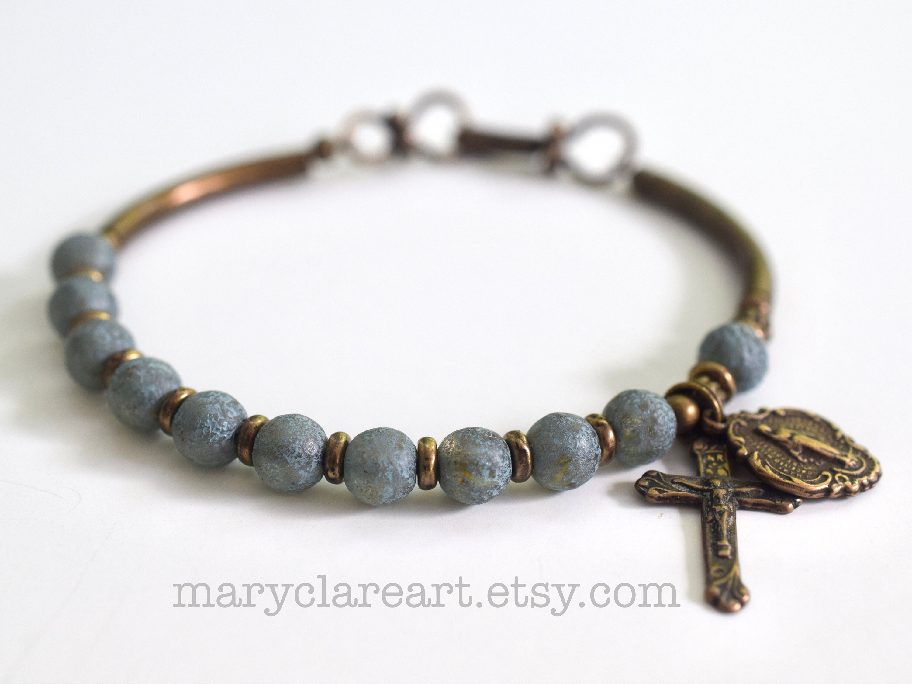 Full Of Grace Rosary Bracelet, Etched Denim Blue Rosary Bracelet, Women's Rosary Bracelet