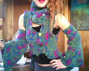 Mystical Tree of life Felted Organic Wool vest with Belle sleeve arm warmers
