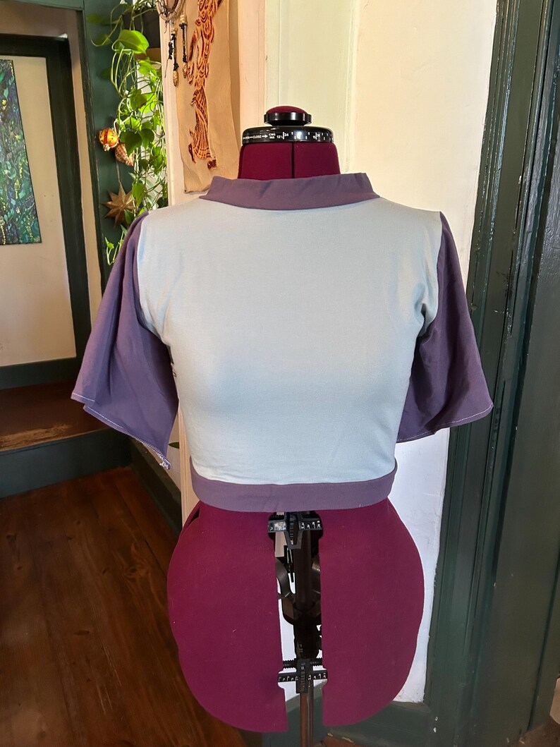May include: A light blue and purple cropped top with short sleeves. The top is on a dress form.