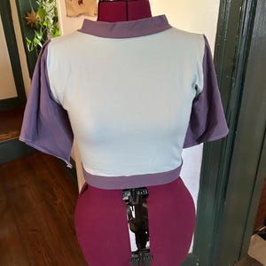 May include: A light blue and purple short-sleeved shirt on a dress form. The shirt has a high neckline and a cropped length.