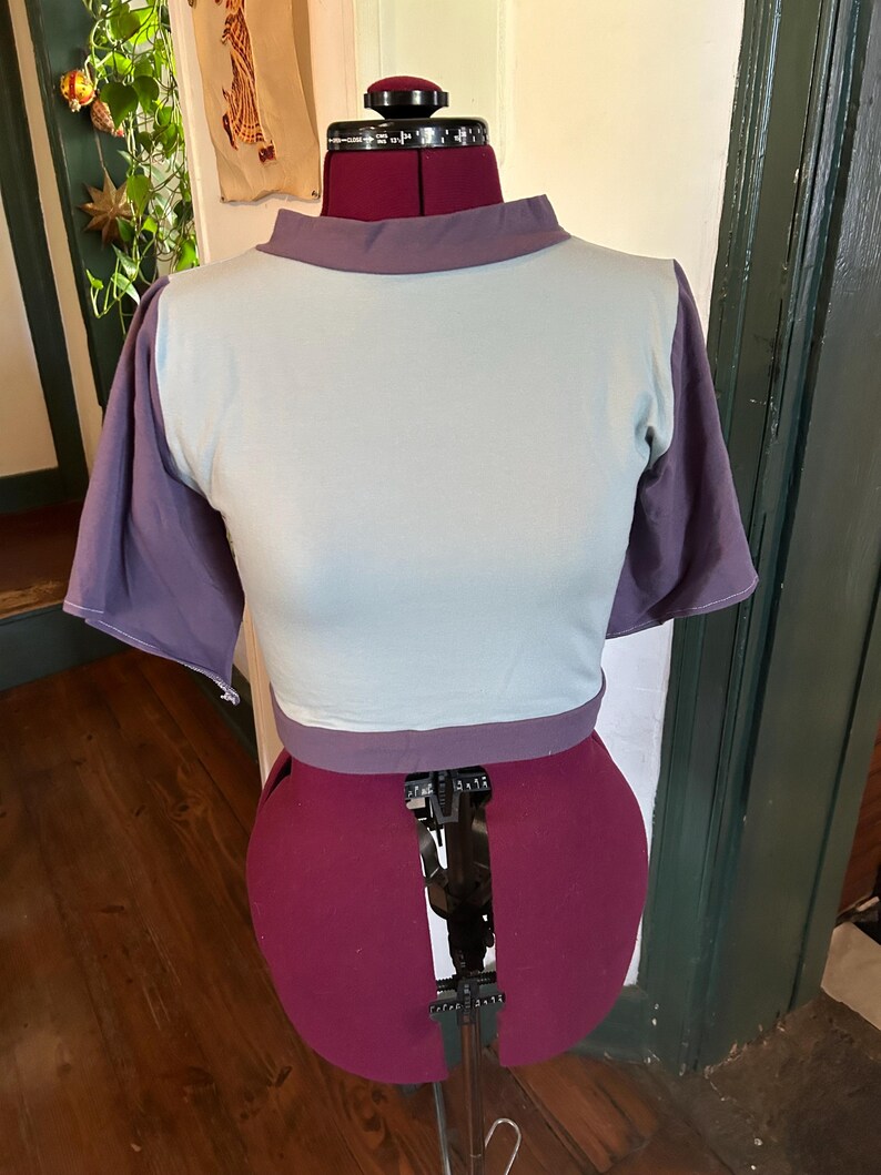 May include: A light blue and purple short-sleeved shirt on a dress form. The shirt has a high neckline and a cropped length.