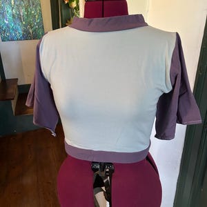 May include: A light blue and purple short-sleeved shirt on a dress form. The shirt has a contrasting purple band around the neck and waist.