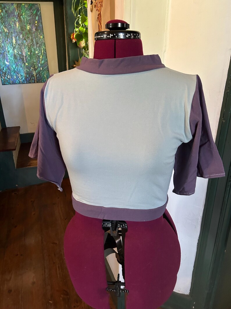 May include: A light blue and purple short-sleeved shirt on a dress form. The shirt has a contrasting purple band around the neck and waist.