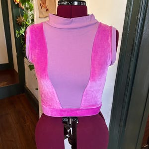 May include: A sleeveless, cropped top with a high neck. The top is made of a purple fabric with pink velvet panels on the sides.