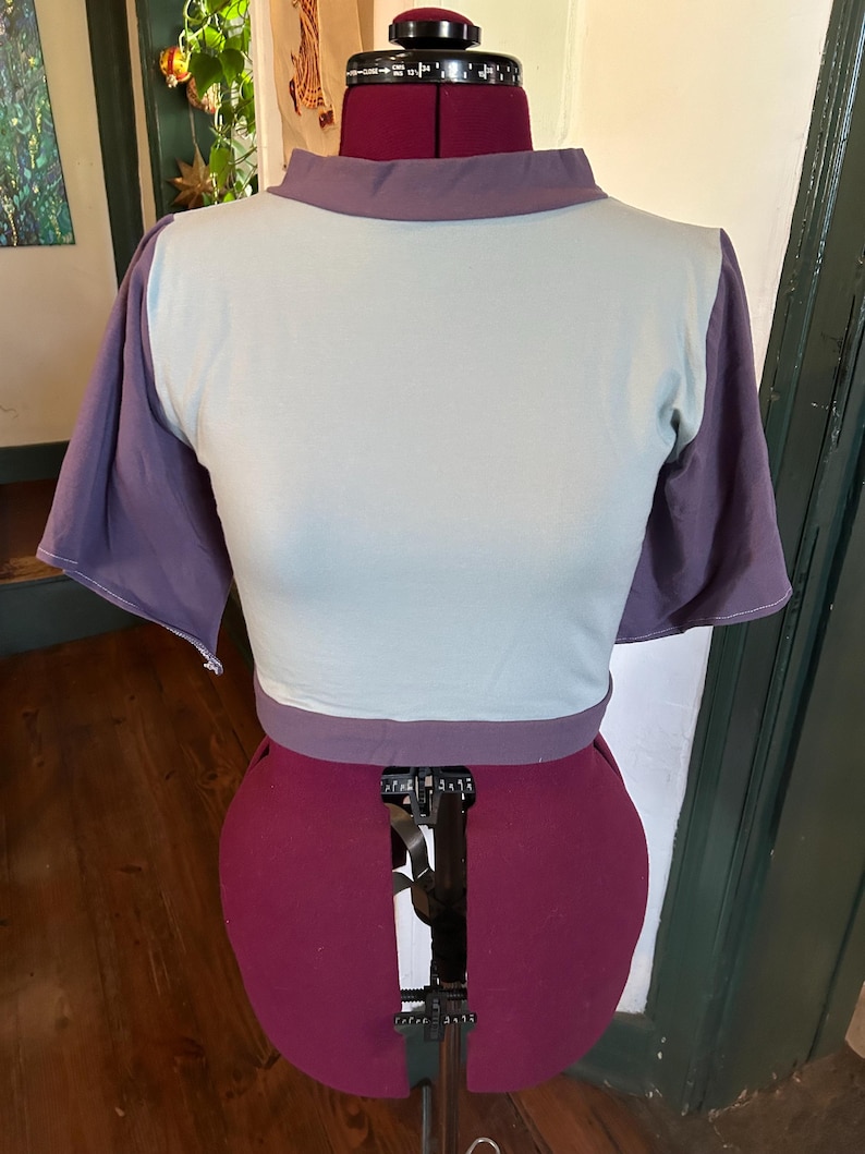 May include: A light blue and purple short-sleeved shirt on a dress form. The shirt has a mock neck and a fitted bodice.