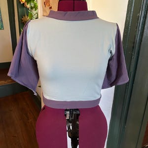 May include: A cropped top with a light blue front and purple sleeves. The top has a mock neck and a band of purple fabric around the bottom.
