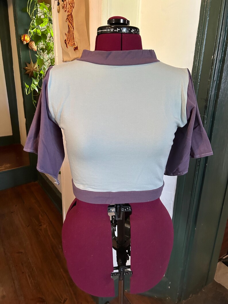 May include: A cropped, two-toned t-shirt with a light blue front and dark gray sleeves and collar. The shirt is displayed on a red dress form.