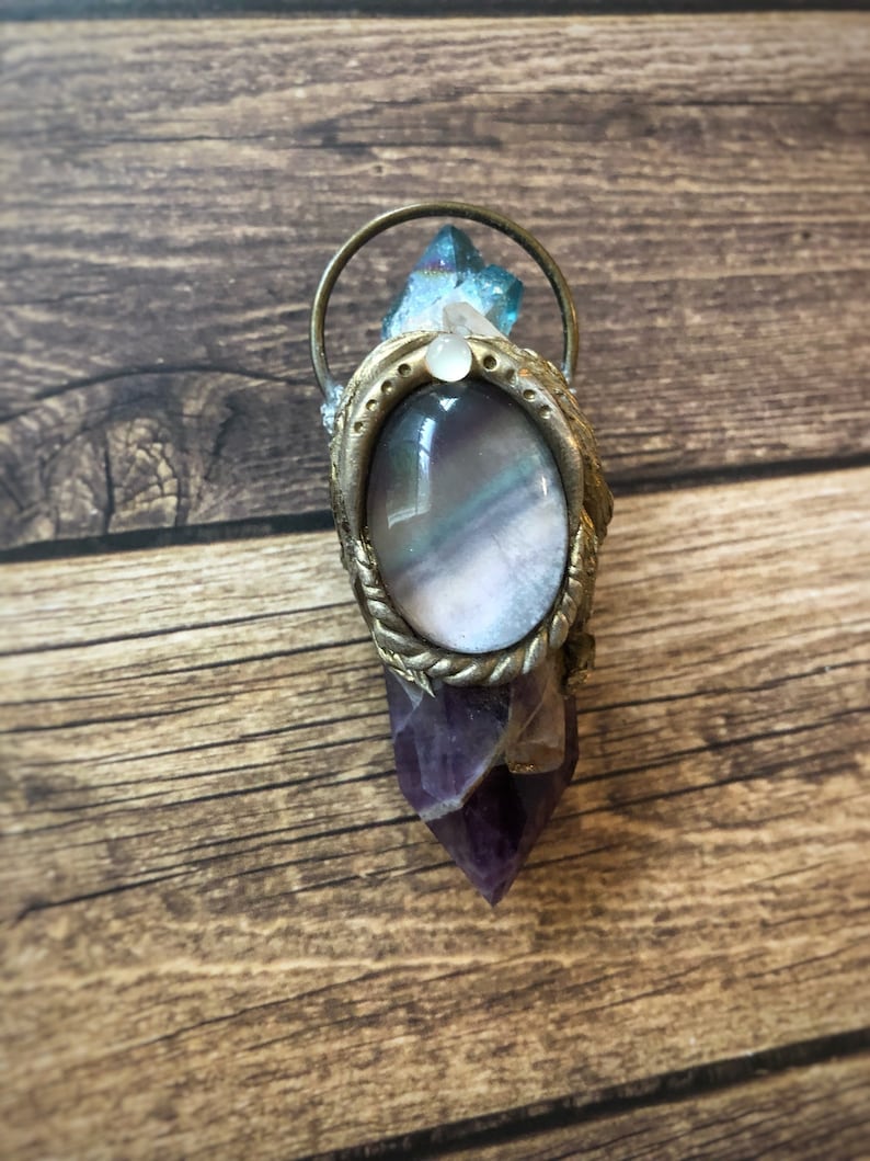 Chevron Amethyst Fluorite and Aqura Spirit Quartz Necklace Amethyst Jewelry Raw Crystal Necklace Polymer Clay Necklace Witchy Necklace