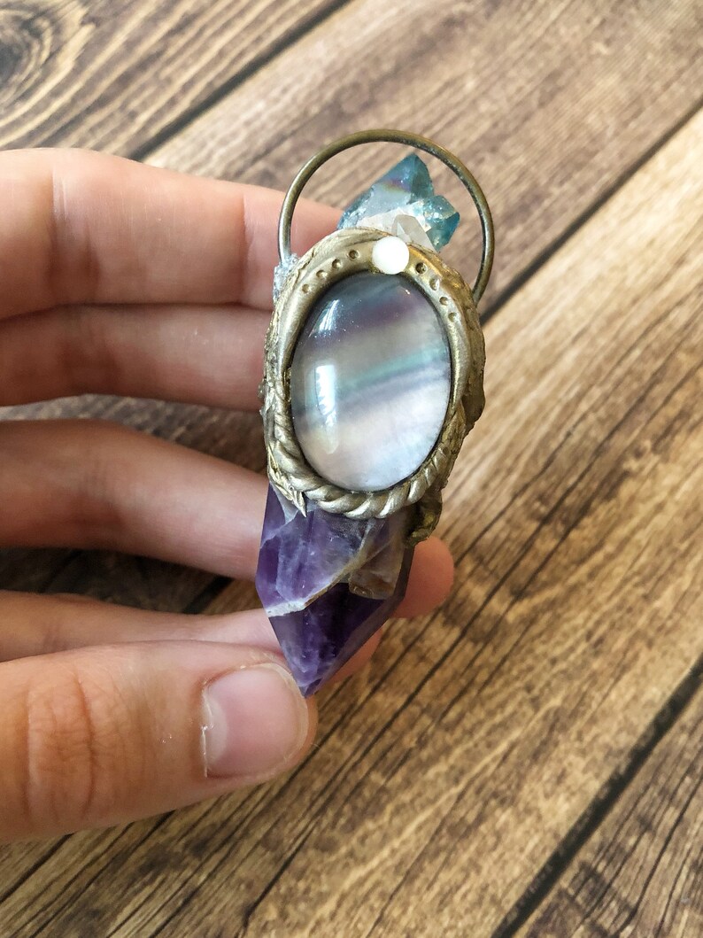 Chevron Amethyst Fluorite and Aqura Spirit Quartz Necklace Amethyst Jewelry Raw Crystal Necklace Polymer Clay Necklace Witchy Necklace