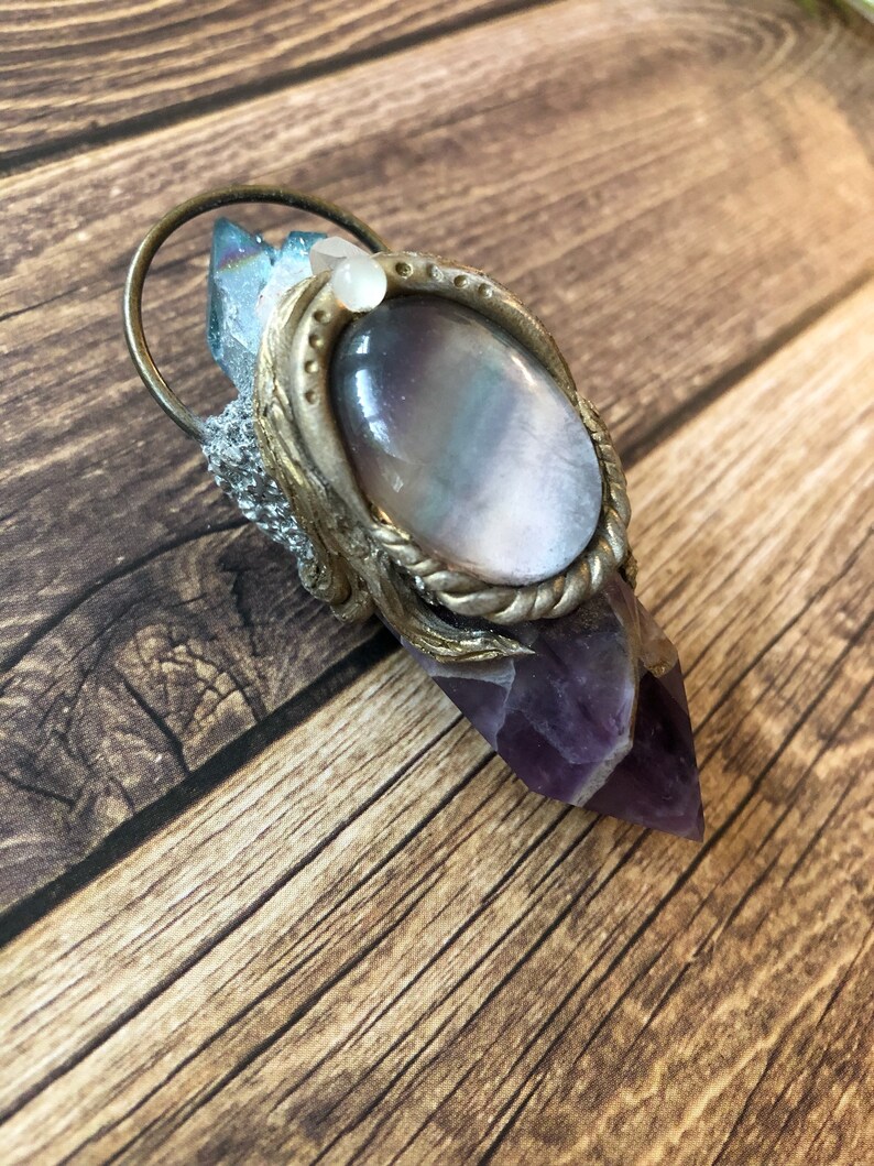 Chevron Amethyst Fluorite and Aqura Spirit Quartz Necklace Amethyst Jewelry Raw Crystal Necklace Polymer Clay Necklace Witchy Necklace