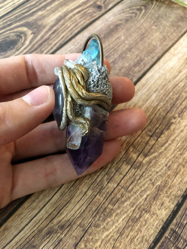 Chevron Amethyst Fluorite and Aqura Spirit Quartz Necklace Amethyst Jewelry Raw Crystal Necklace Polymer Clay Necklace Witchy Necklace