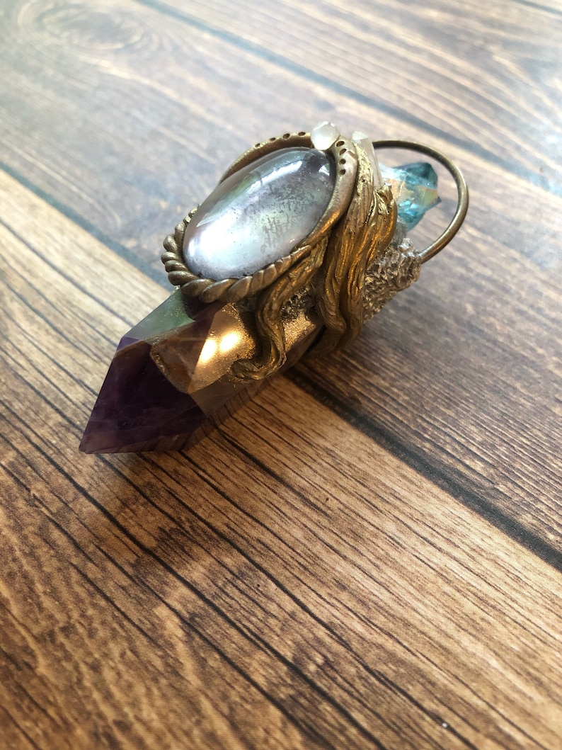 Chevron Amethyst Fluorite and Aqura Spirit Quartz Necklace Amethyst Jewelry Raw Crystal Necklace Polymer Clay Necklace Witchy Necklace