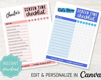 Screen Time Checklist, Chore Chart, Kids To Do List, Children's Daily Routine, Kids Responsibilities Chart, Screen Time Rewards Chart