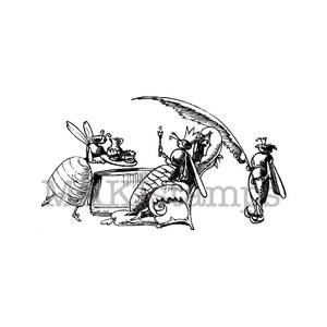 Puede incluir: Ilustración en blanco y negro de línea de tres insectos. Un insecto está sentado en un trono, otro sostiene una bandeja con una taza y un plato de comida, y el tercer insecto está de pie a un lado.