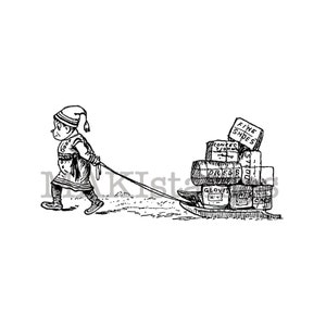 May include: A black and white illustration of a person pulling a sled full of boxes. The boxes are labeled with various items, including "Fine Shoes", "Gloves", "Hats", "Dress", "Confections", and "Toys".