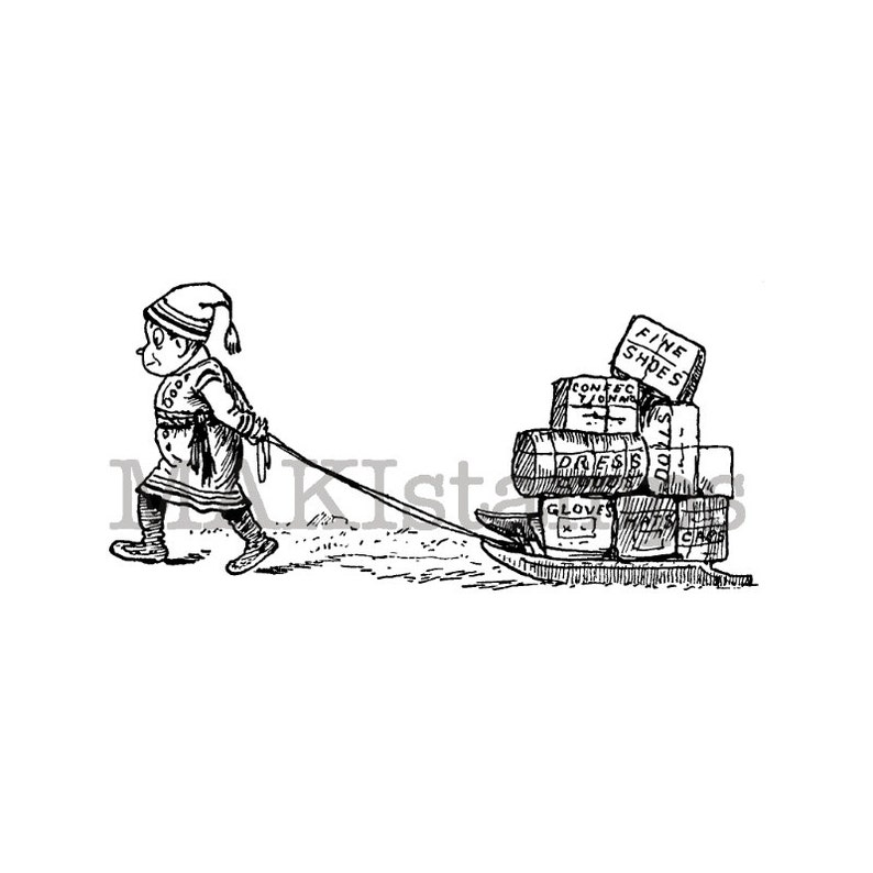 May include: A black and white illustration of a person pulling a sled full of boxes. The boxes are labeled with various items, including "Fine Shoes", "Gloves", "Hats", "Dress", "Confections", and "Toys".